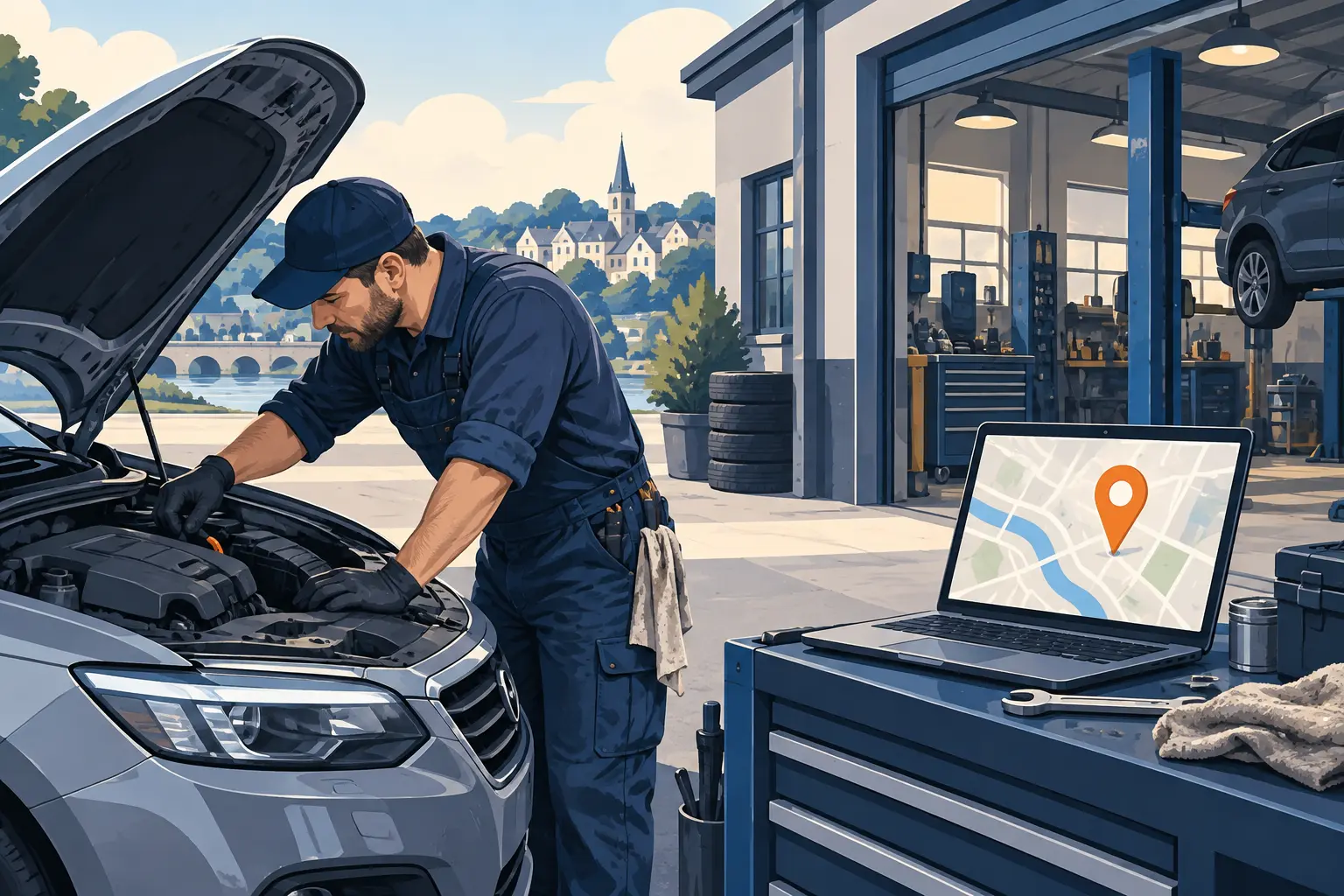 Illustration d’un consultant examinant une fiche professionnelle, un site web et une liste de vérifications SEO locales.