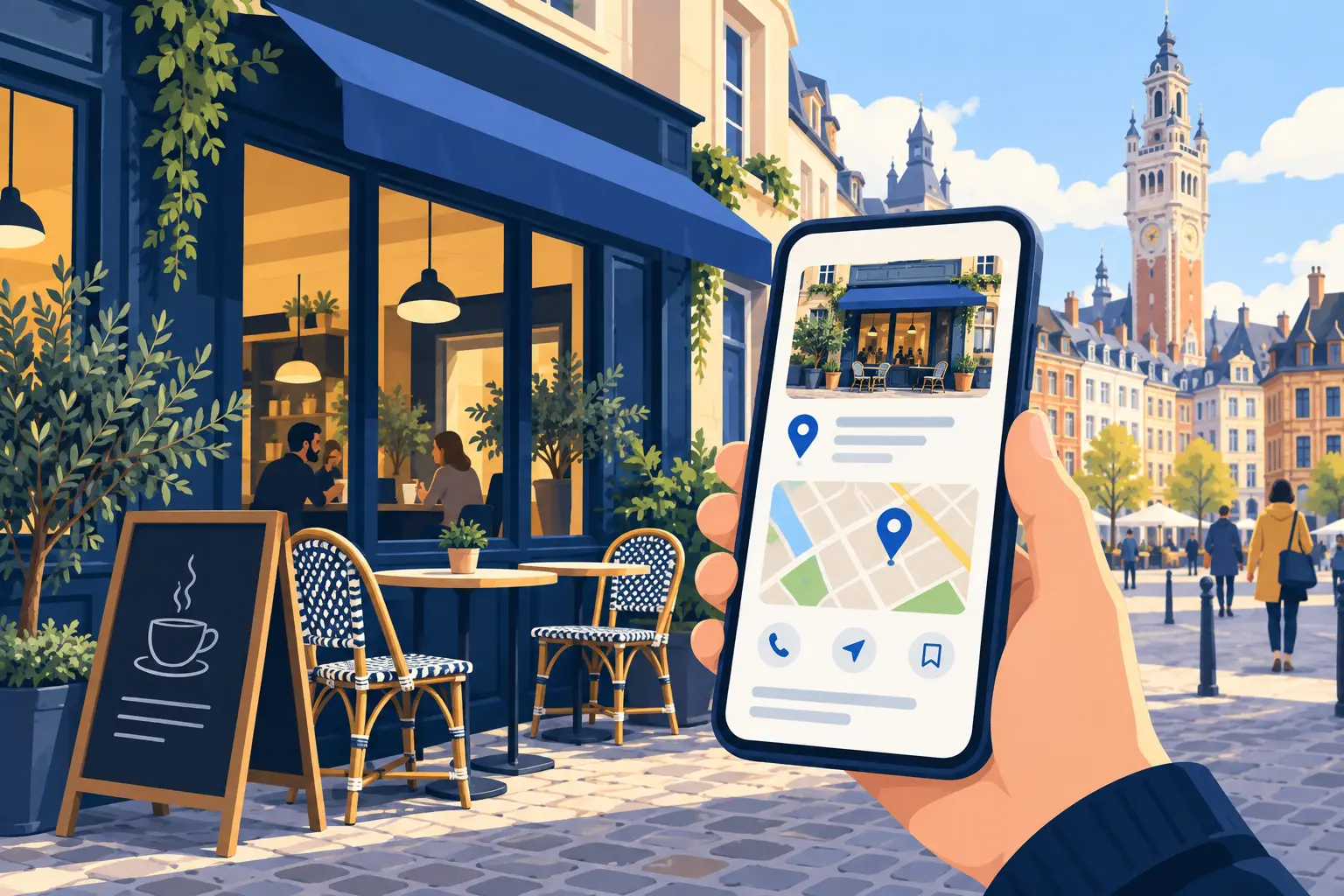 Illustration d’un échange entre une cliente et un commerçant, avec un téléphone affichant un retour client.