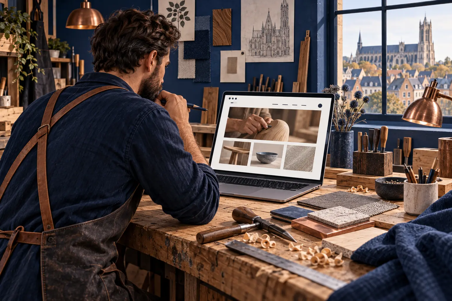 Illustration d’un artisan travaillant à son établi avec un ordinateur montrant la maquette de son site professionnel.