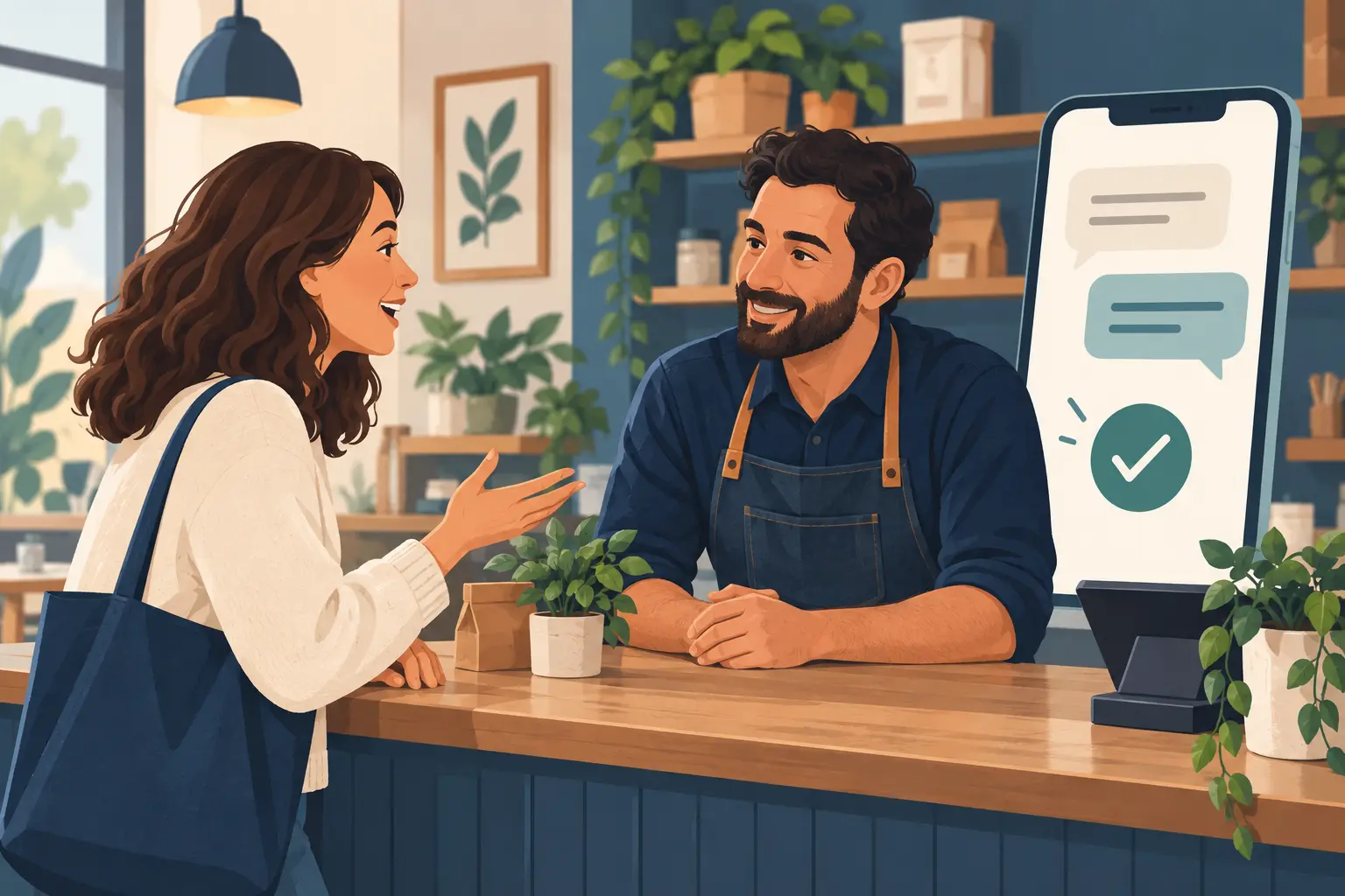Illustration d’un établissement de proximité et d’un téléphone avec une fiche professionnelle et une carte stylisée.