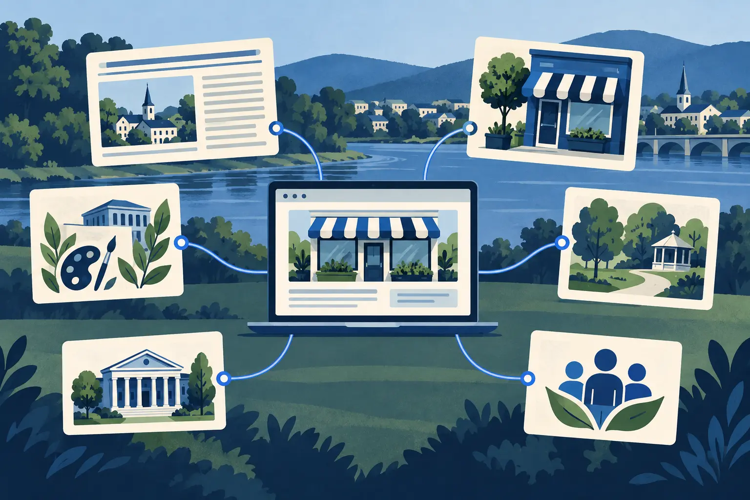 Illustration de pages éditoriales et de ressources locales reliées par des liens vers un site professionnel.
