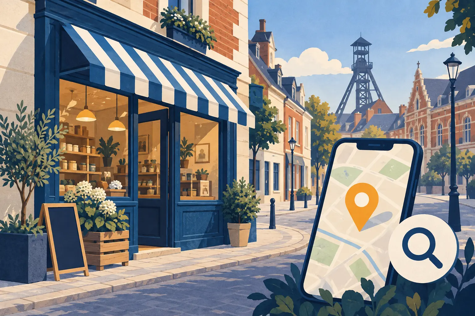 Illustration d’un commerce de proximité et d’un téléphone affichant un repère cartographique pour parler de référencement local à Lens.