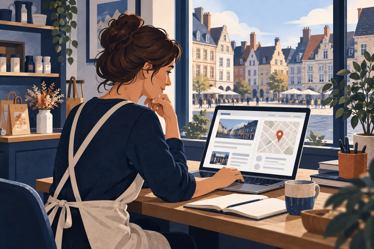 Illustration d’une commerçante consultant son site et une carte, pour évoquer une stratégie SEO locale à Arras.