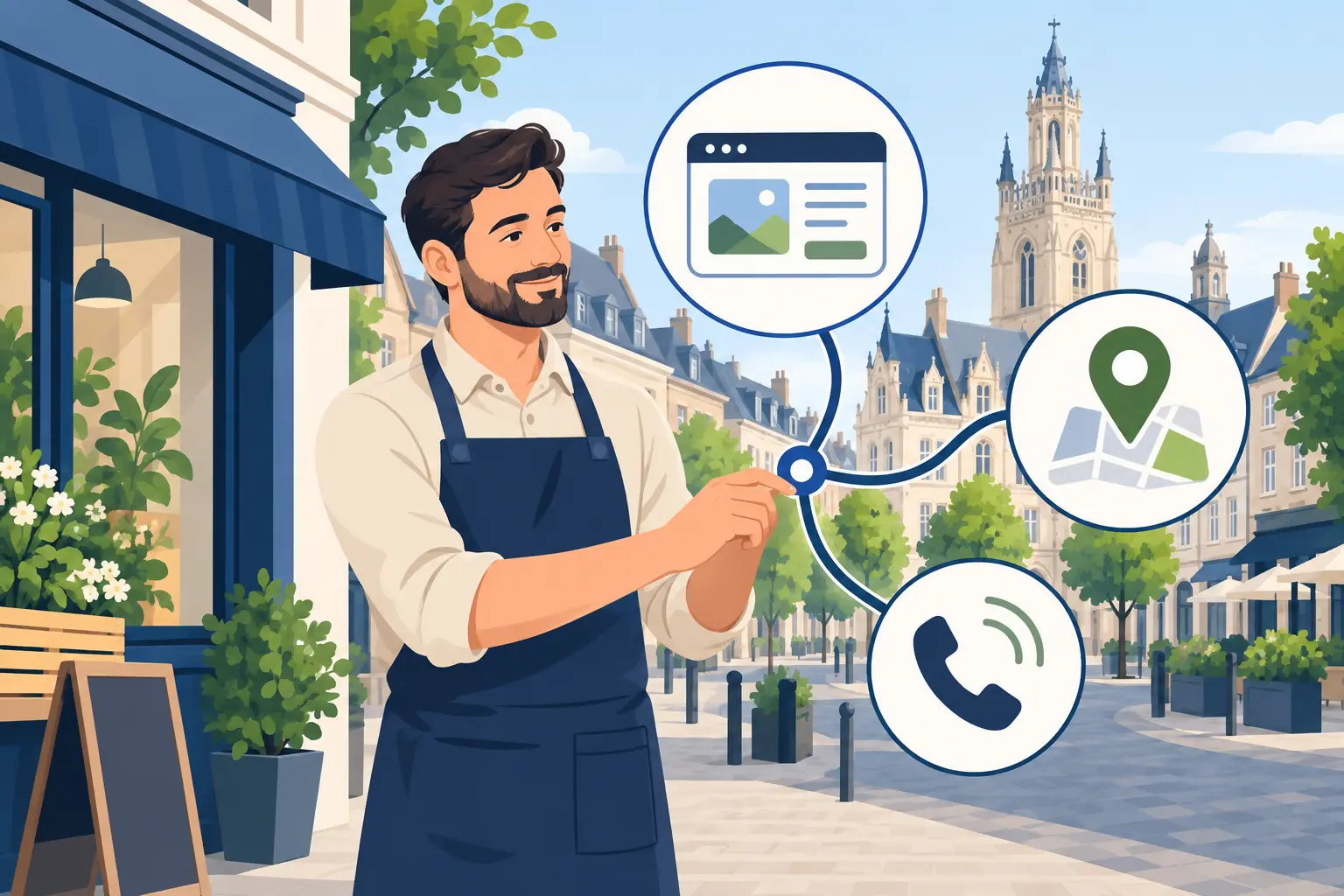 Illustration d’un professionnel consultant un profil local sur un écran, pour aborder la visibilité SEO à Béthune.
