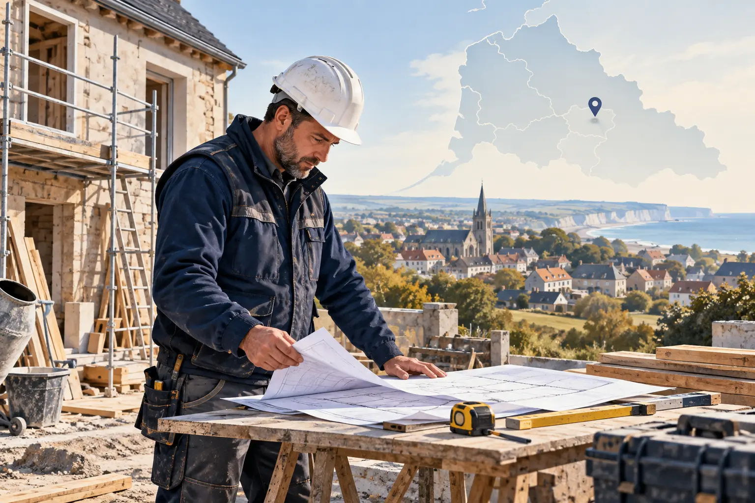Illustration d’un professionnel du bâtiment consultant des plans sur un chantier, pour évoquer le SEO dans le Pas-de-Calais.